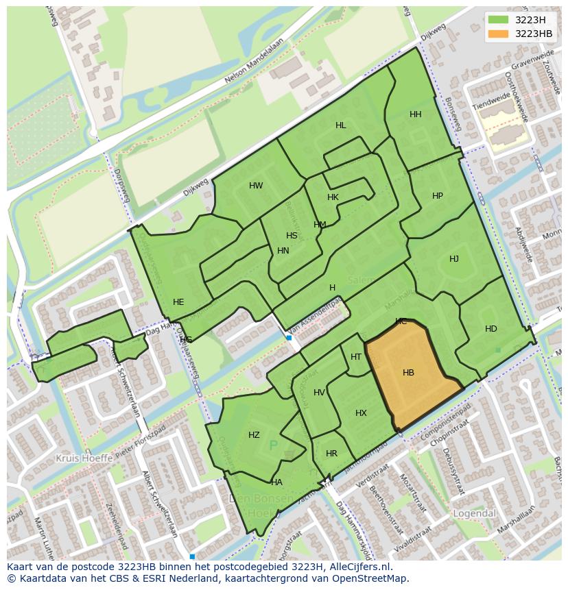 Afbeelding van het postcodegebied 3223 HB op de kaart.