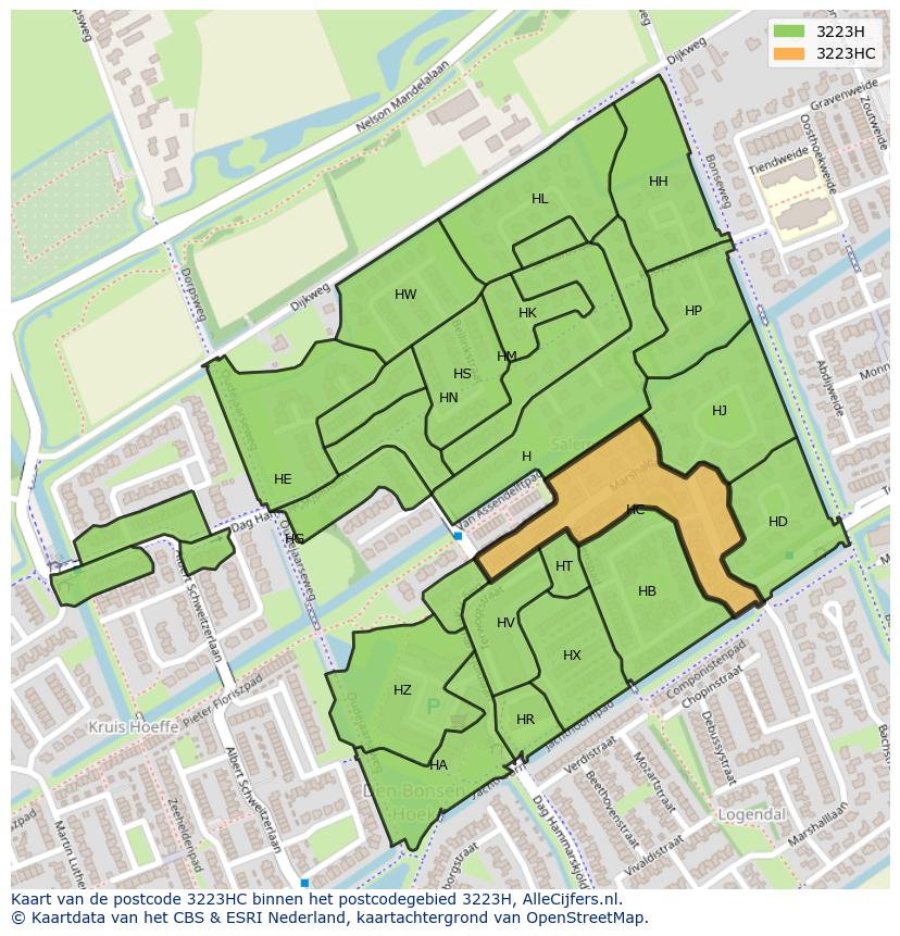 Afbeelding van het postcodegebied 3223 HC op de kaart.