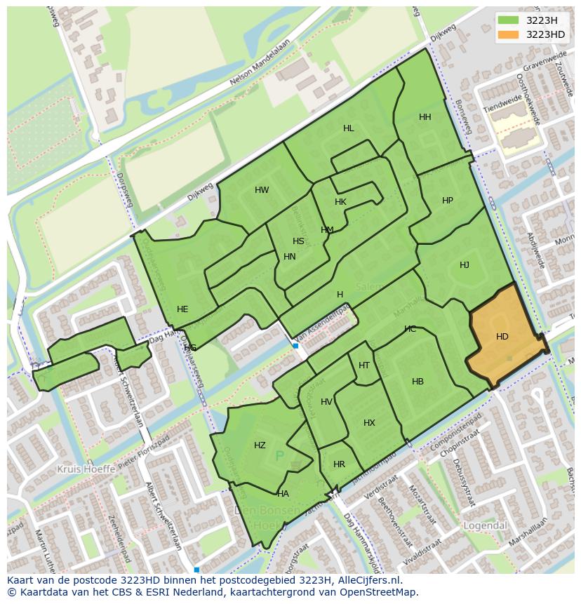 Afbeelding van het postcodegebied 3223 HD op de kaart.