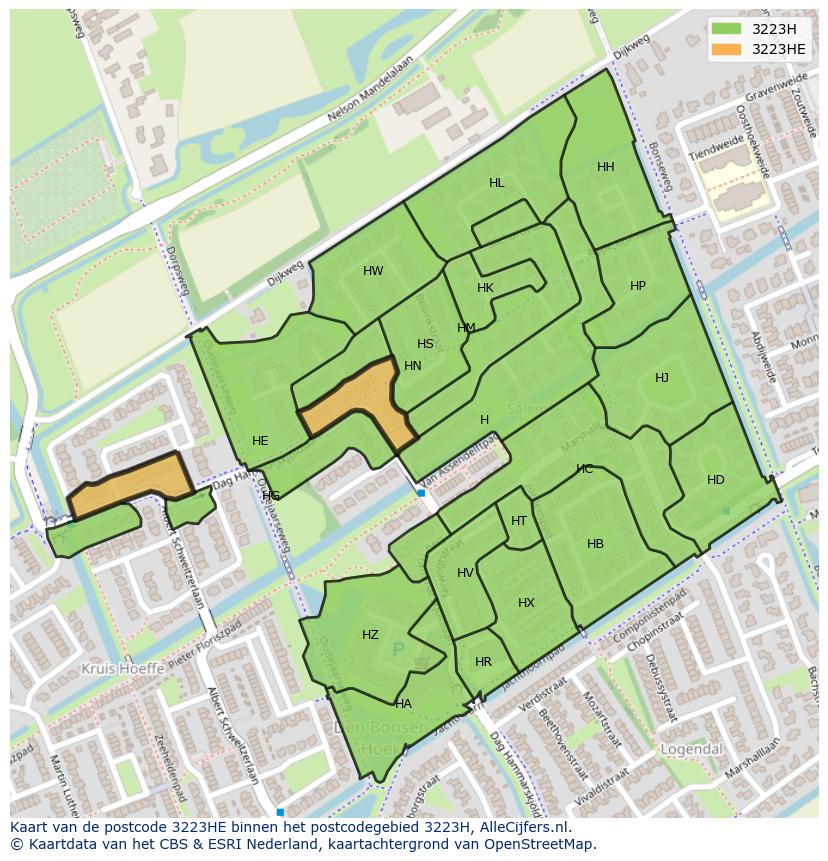 Afbeelding van het postcodegebied 3223 HE op de kaart.