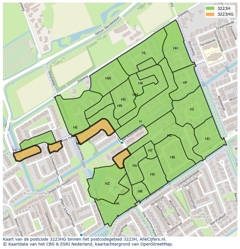 Afbeelding van het postcodegebied 3223 HG op de kaart.
