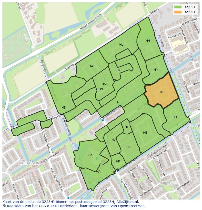 Afbeelding van het postcodegebied 3223 HJ op de kaart.