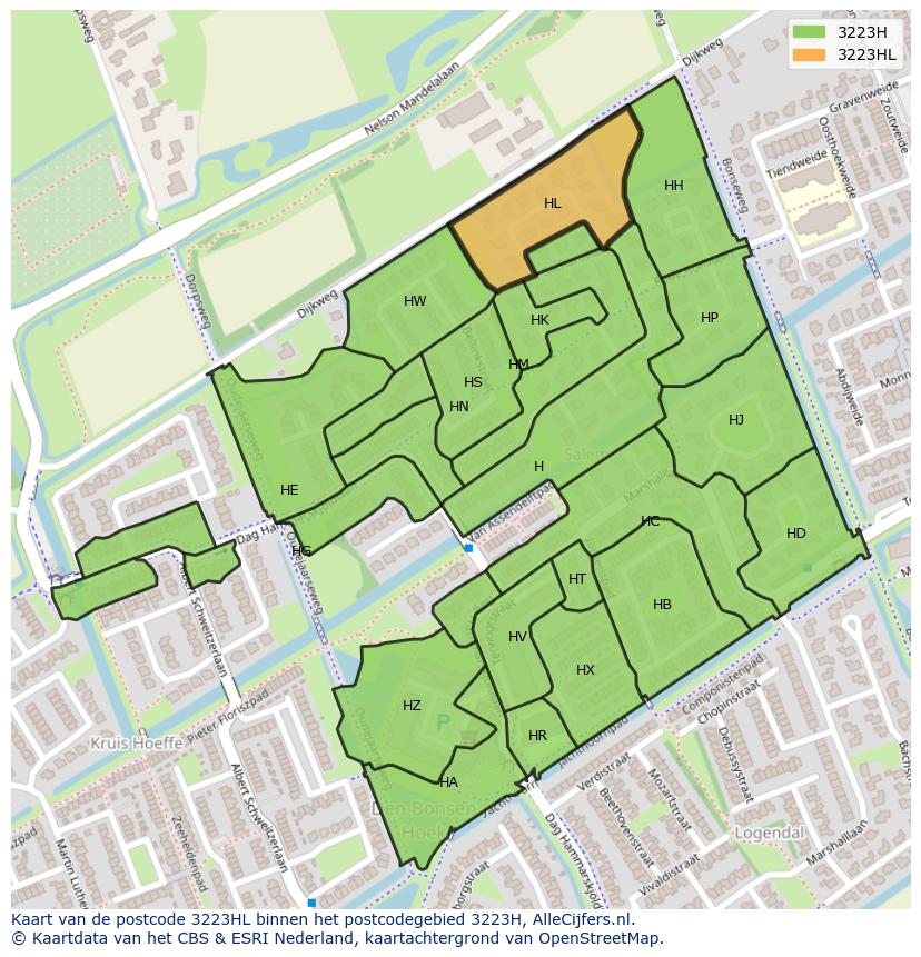 Afbeelding van het postcodegebied 3223 HL op de kaart.
