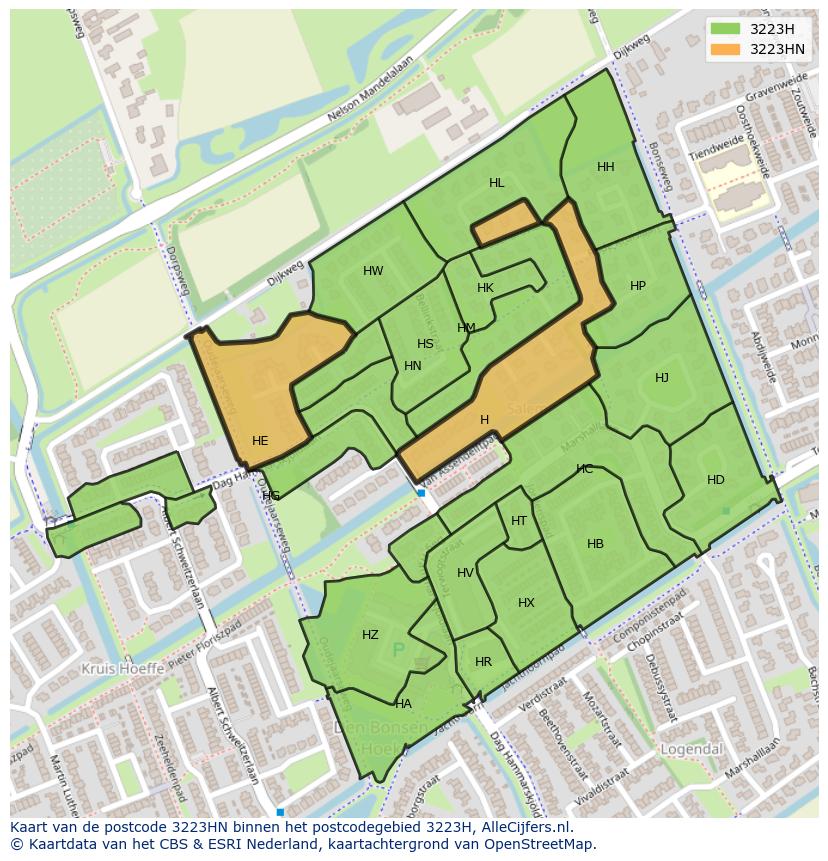 Afbeelding van het postcodegebied 3223 HN op de kaart.