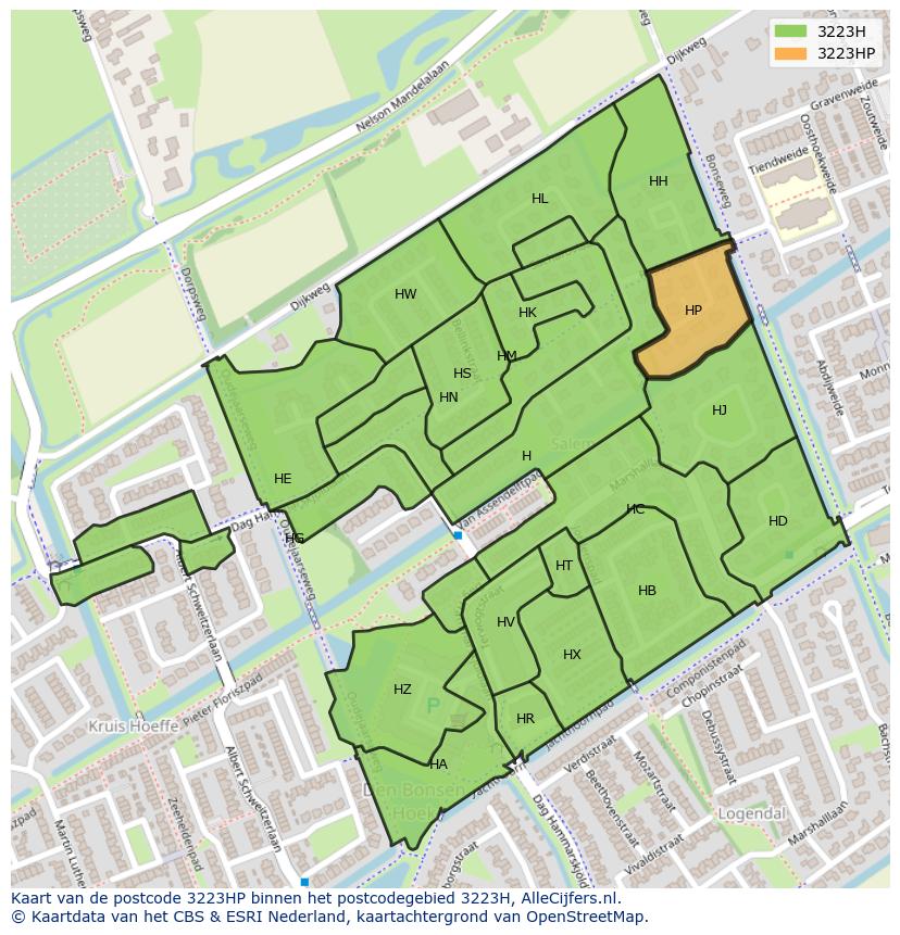 Afbeelding van het postcodegebied 3223 HP op de kaart.