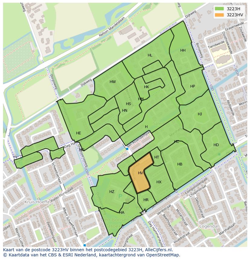 Afbeelding van het postcodegebied 3223 HV op de kaart.