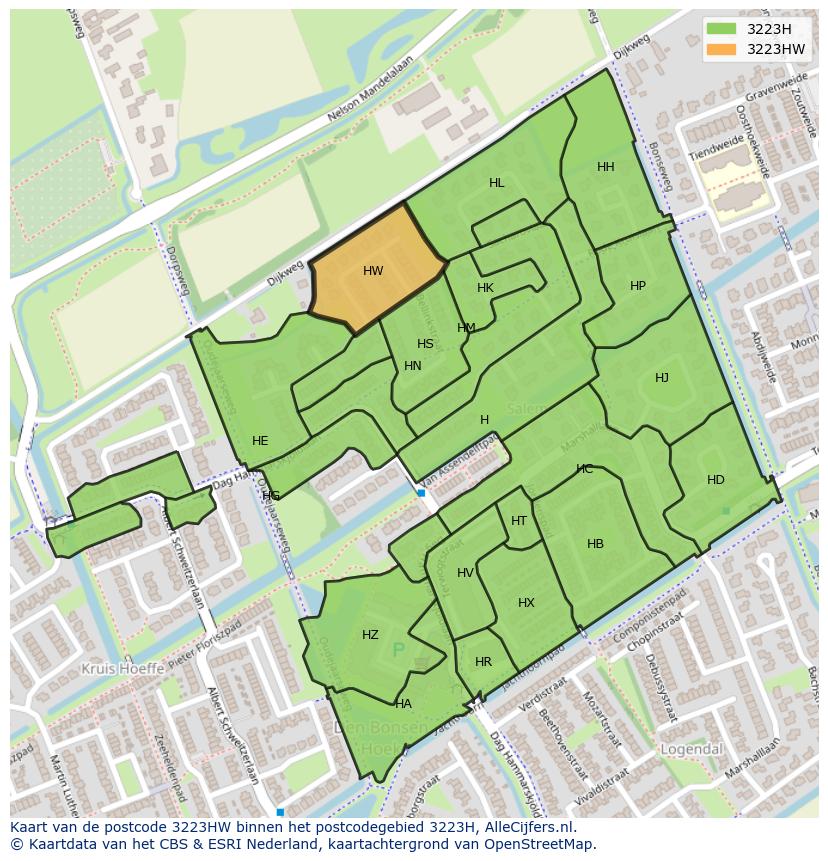 Afbeelding van het postcodegebied 3223 HW op de kaart.
