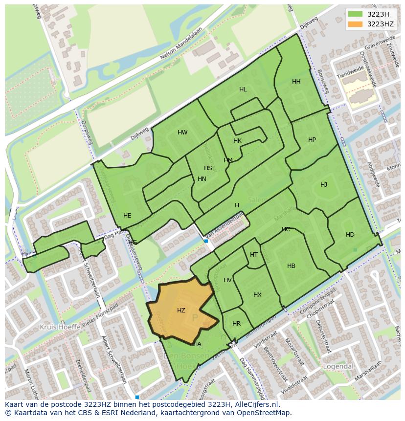 Afbeelding van het postcodegebied 3223 HZ op de kaart.