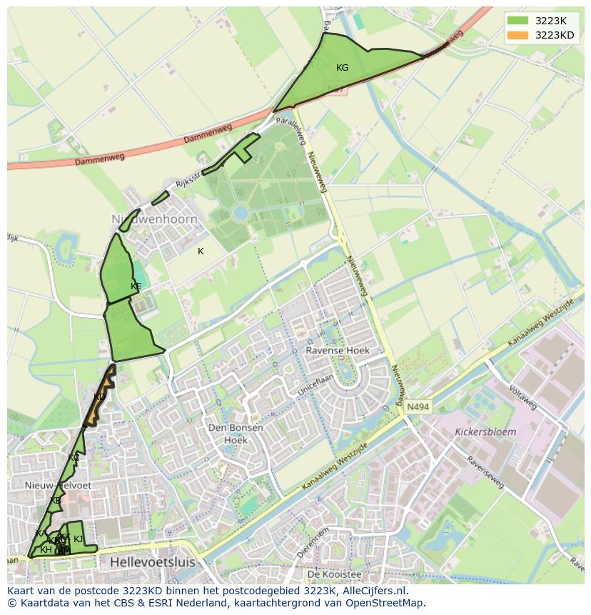 Afbeelding van het postcodegebied 3223 KD op de kaart.