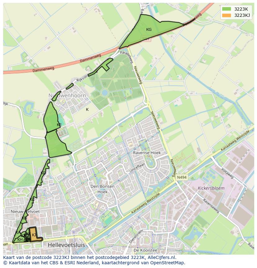 Afbeelding van het postcodegebied 3223 KJ op de kaart.