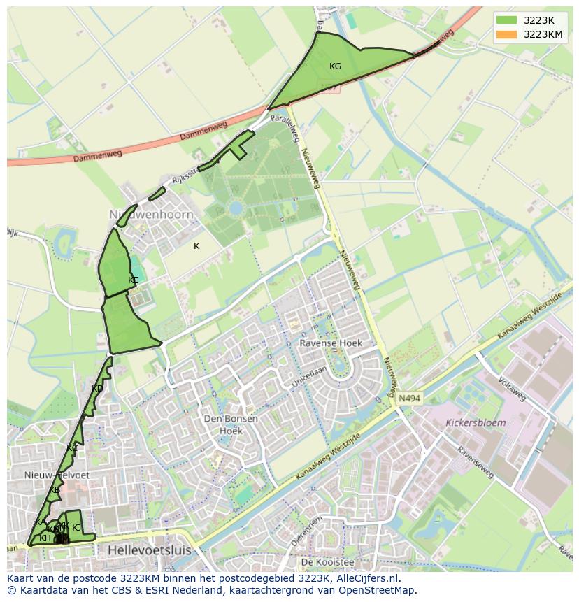 Afbeelding van het postcodegebied 3223 KM op de kaart.