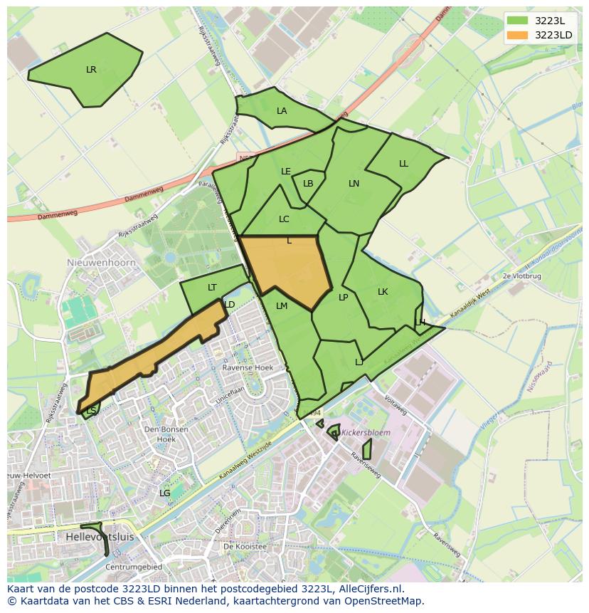 Afbeelding van het postcodegebied 3223 LD op de kaart.