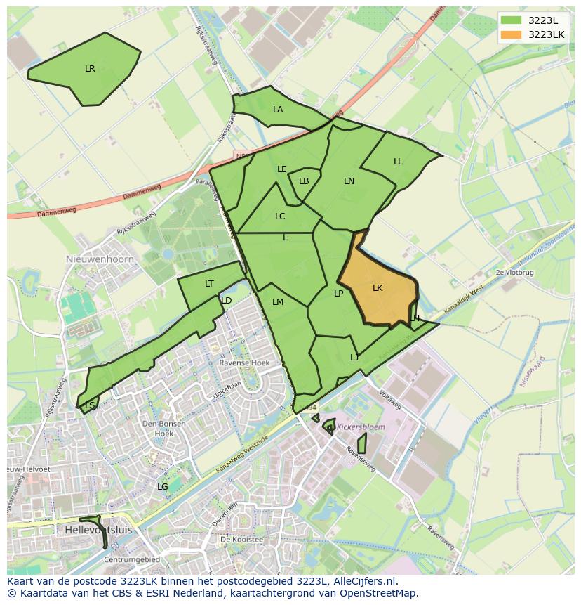 Afbeelding van het postcodegebied 3223 LK op de kaart.