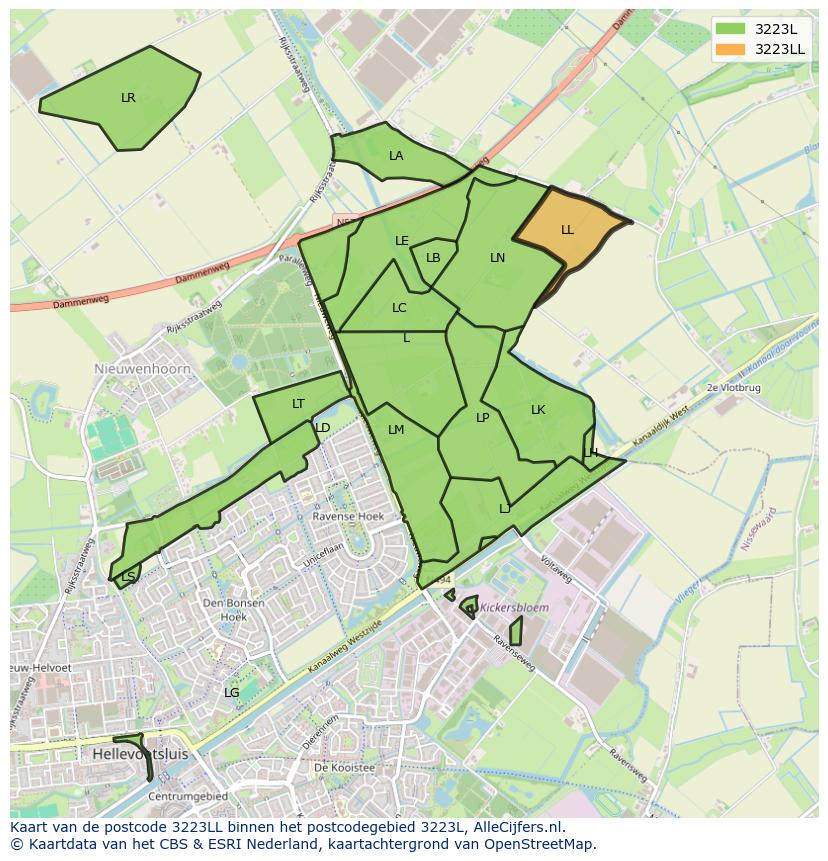 Afbeelding van het postcodegebied 3223 LL op de kaart.