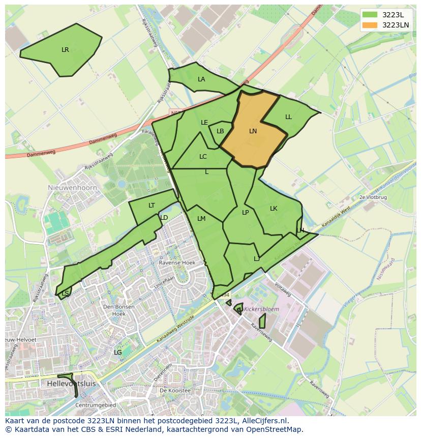 Afbeelding van het postcodegebied 3223 LN op de kaart.