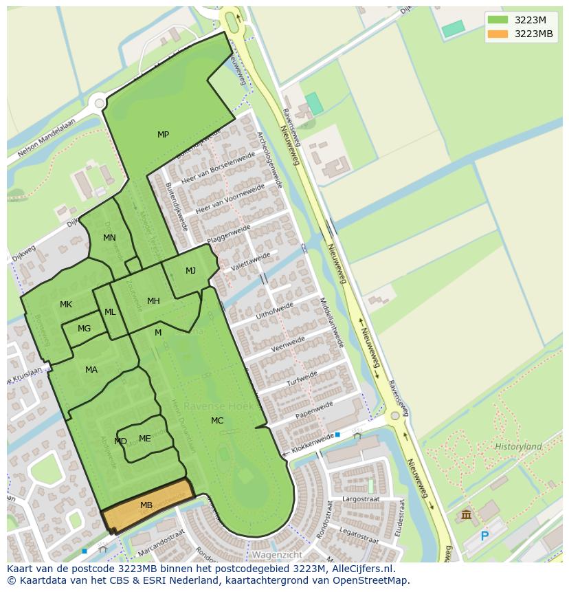 Afbeelding van het postcodegebied 3223 MB op de kaart.