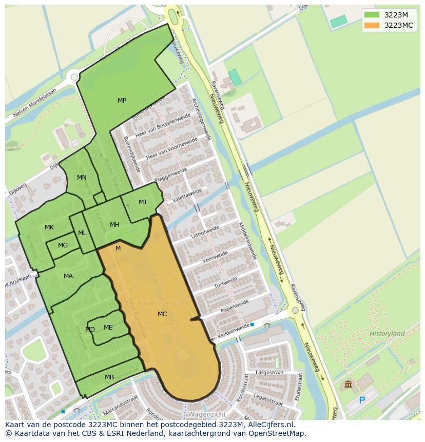Afbeelding van het postcodegebied 3223 MC op de kaart.
