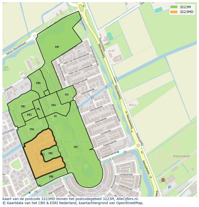 Afbeelding van het postcodegebied 3223 MD op de kaart.