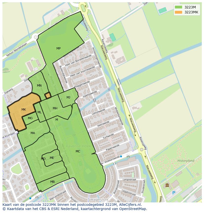 Afbeelding van het postcodegebied 3223 MK op de kaart.