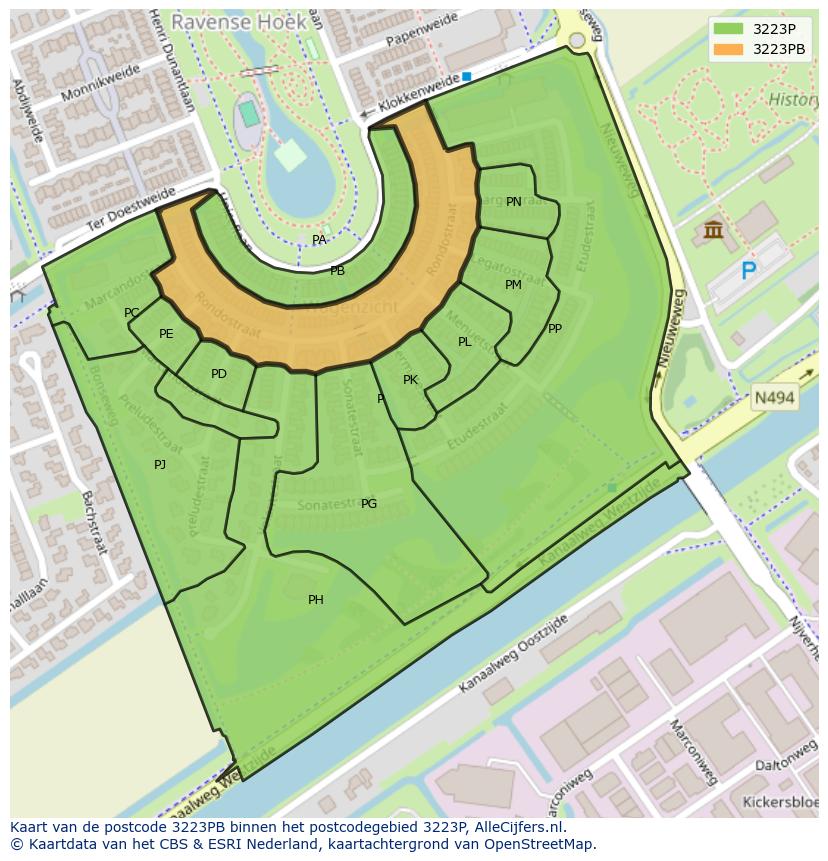 Afbeelding van het postcodegebied 3223 PB op de kaart.