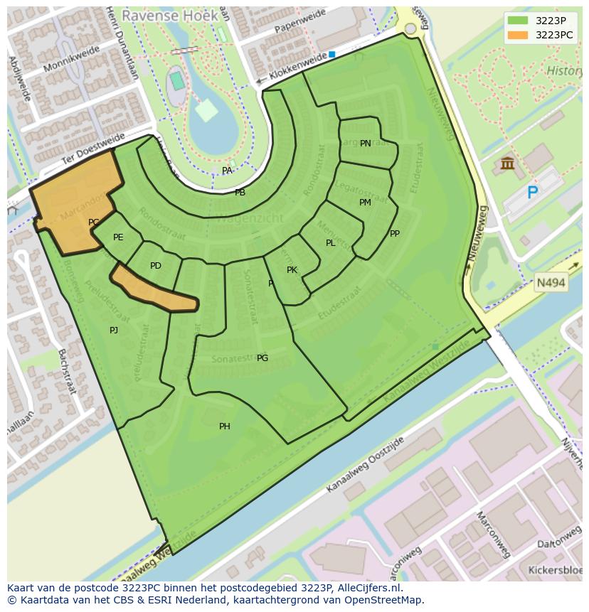 Afbeelding van het postcodegebied 3223 PC op de kaart.