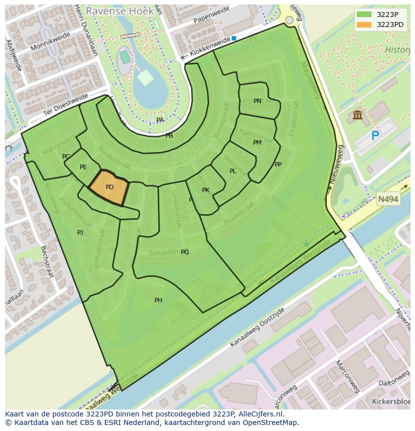 Afbeelding van het postcodegebied 3223 PD op de kaart.
