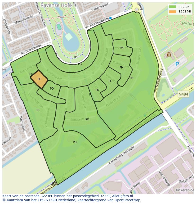 Afbeelding van het postcodegebied 3223 PE op de kaart.