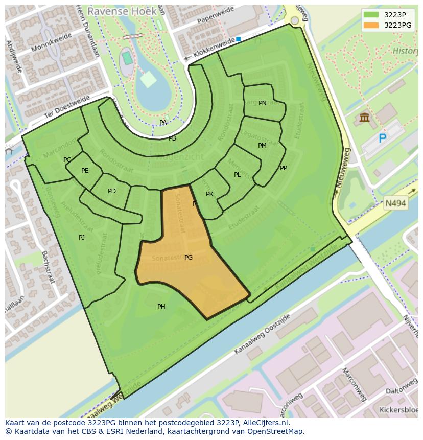 Afbeelding van het postcodegebied 3223 PG op de kaart.
