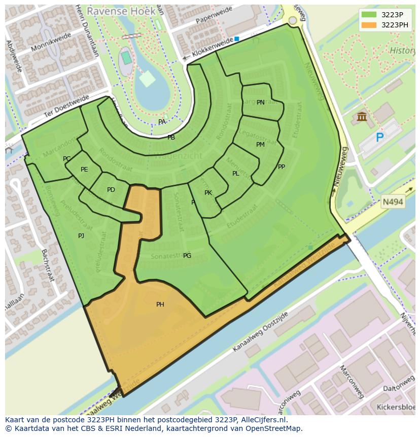 Afbeelding van het postcodegebied 3223 PH op de kaart.