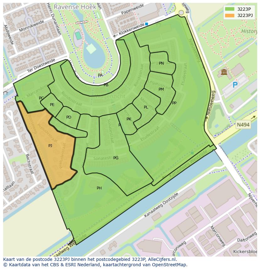 Afbeelding van het postcodegebied 3223 PJ op de kaart.