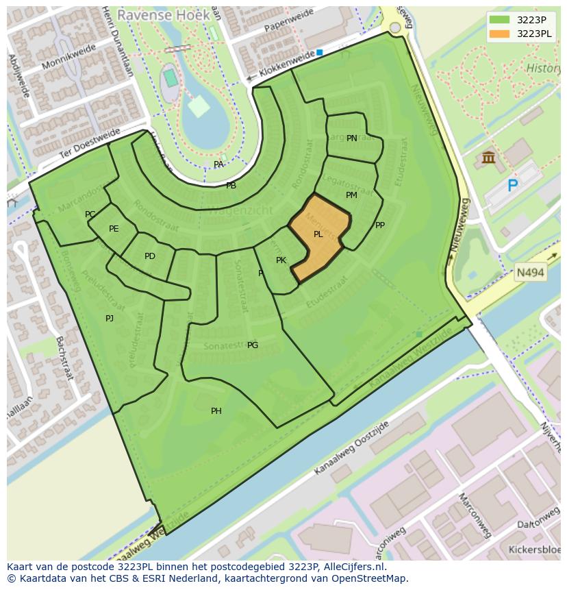 Afbeelding van het postcodegebied 3223 PL op de kaart.