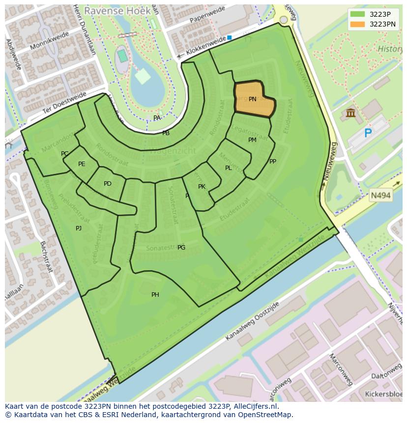 Afbeelding van het postcodegebied 3223 PN op de kaart.