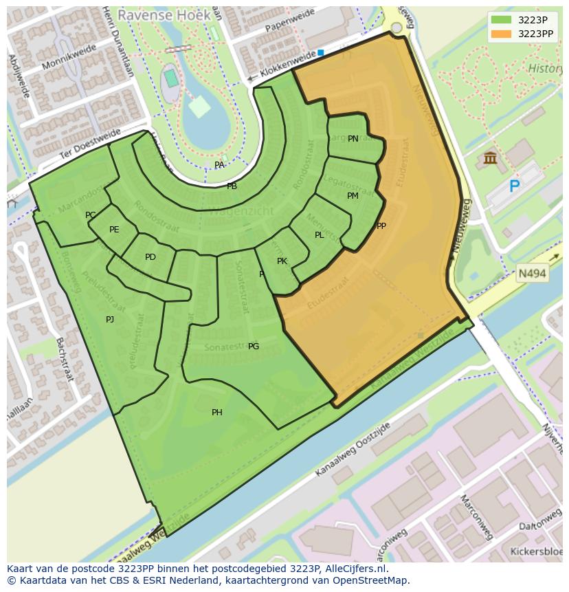 Afbeelding van het postcodegebied 3223 PP op de kaart.