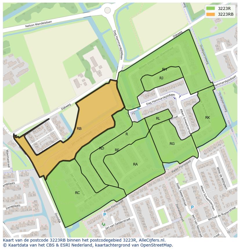 Afbeelding van het postcodegebied 3223 RB op de kaart.