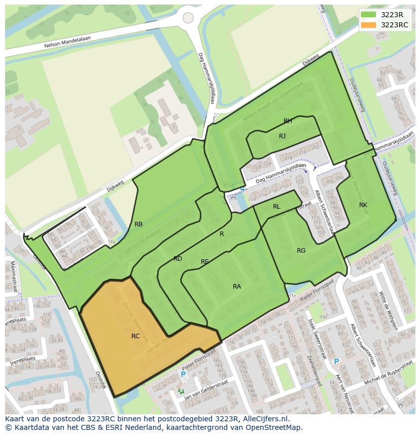 Afbeelding van het postcodegebied 3223 RC op de kaart.
