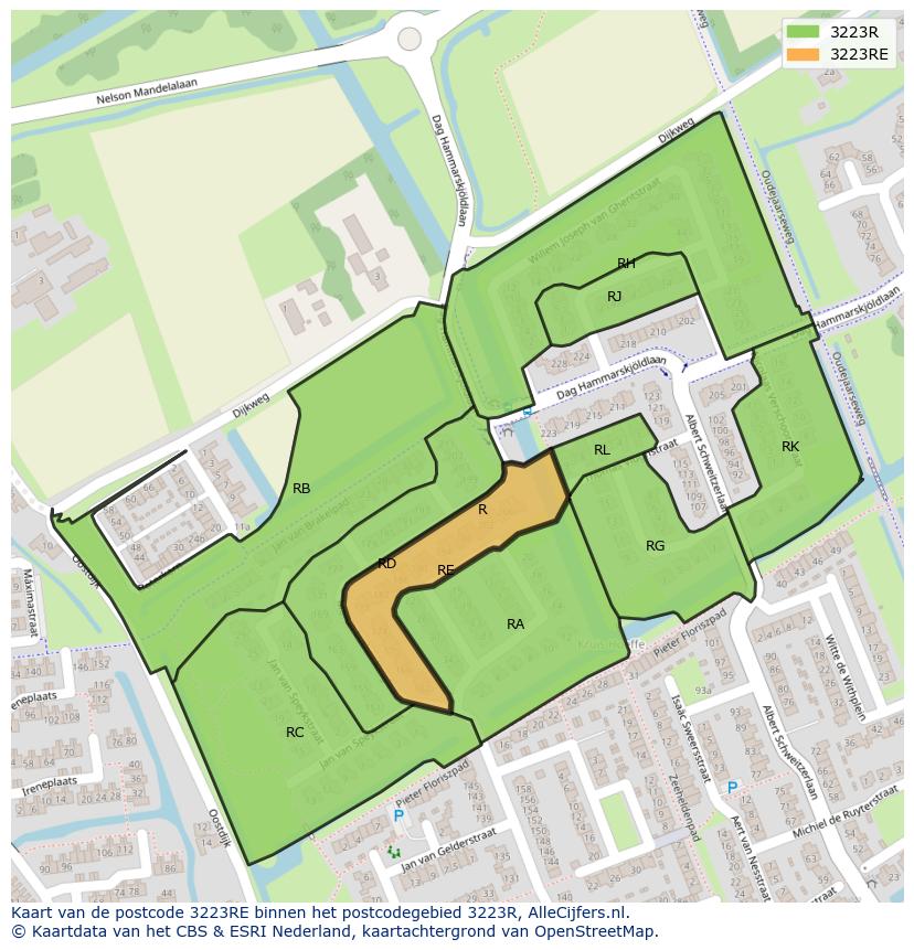 Afbeelding van het postcodegebied 3223 RE op de kaart.