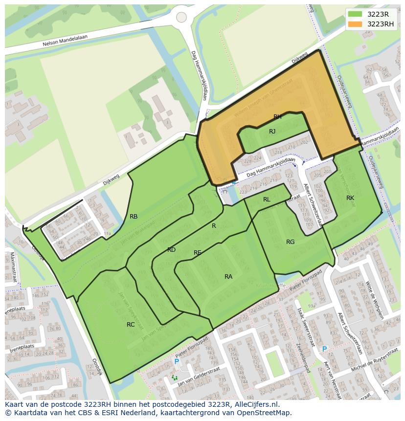 Afbeelding van het postcodegebied 3223 RH op de kaart.