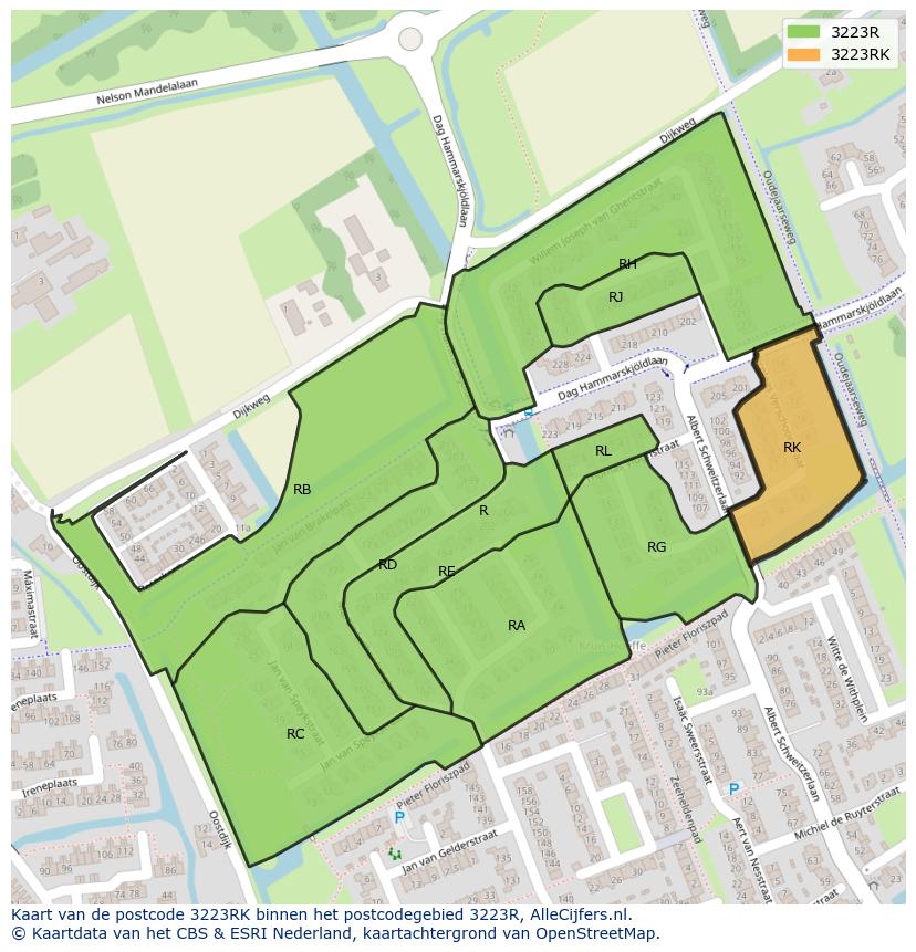 Afbeelding van het postcodegebied 3223 RK op de kaart.