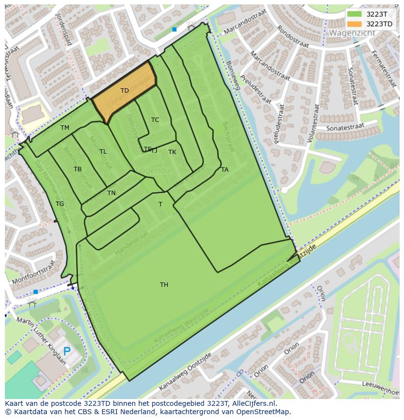 Afbeelding van het postcodegebied 3223 TD op de kaart.