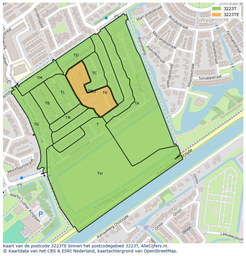 Afbeelding van het postcodegebied 3223 TE op de kaart.