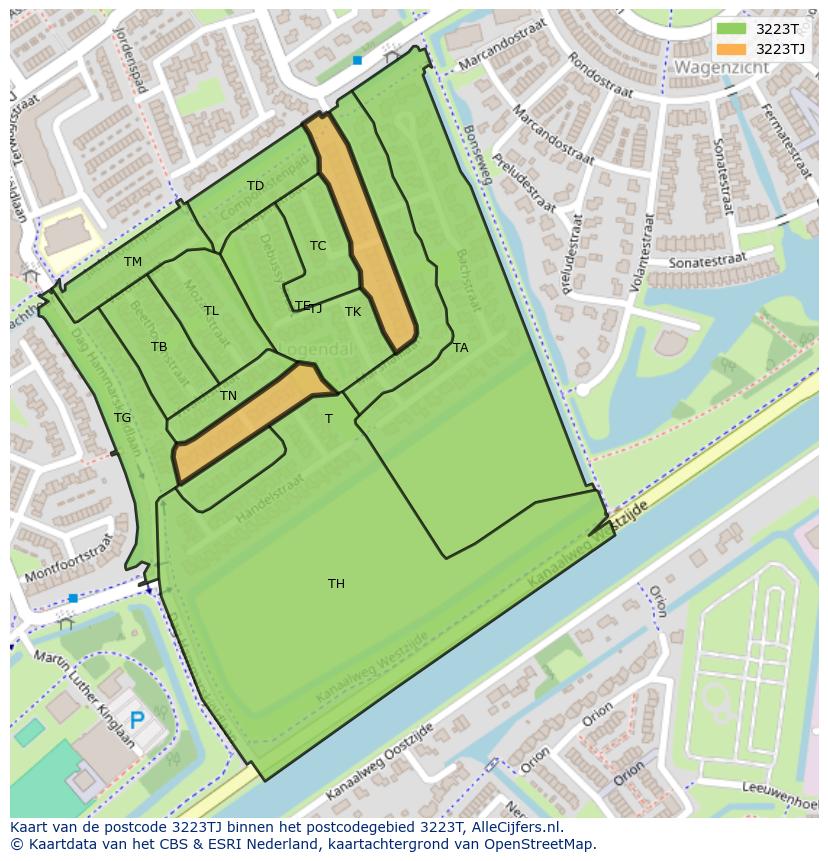 Afbeelding van het postcodegebied 3223 TJ op de kaart.