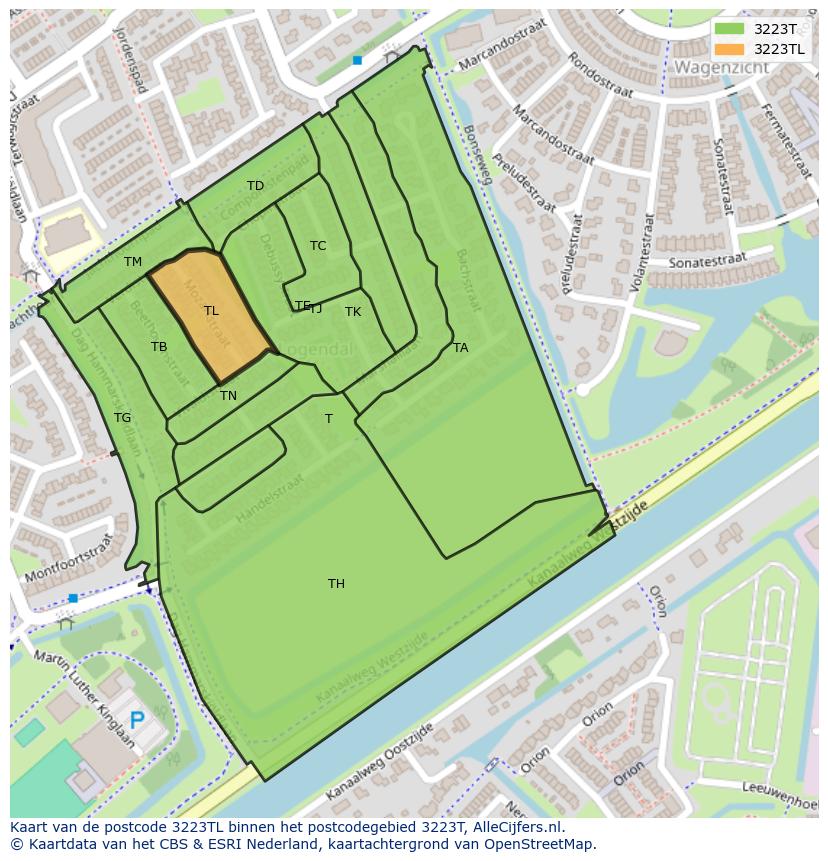 Afbeelding van het postcodegebied 3223 TL op de kaart.