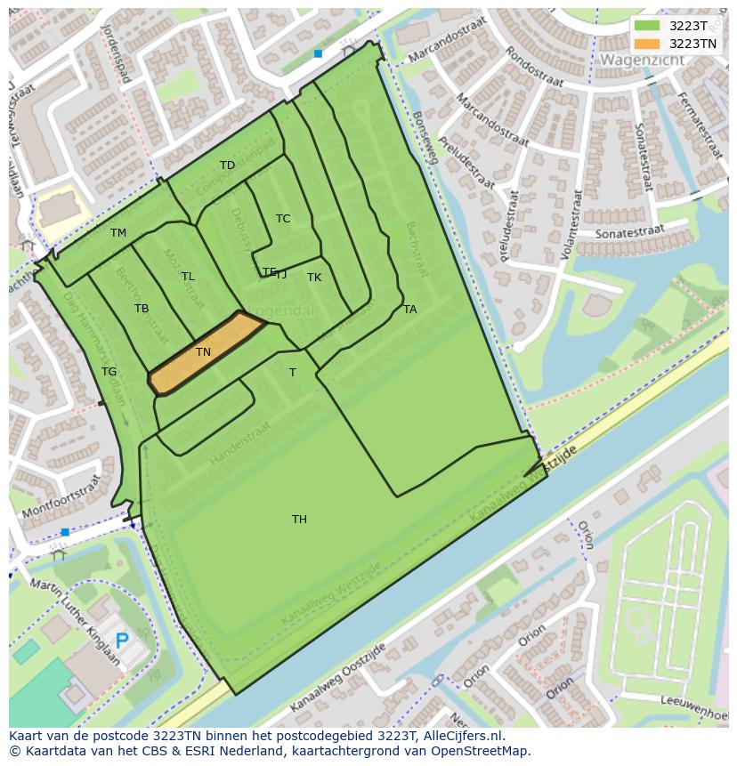 Afbeelding van het postcodegebied 3223 TN op de kaart.