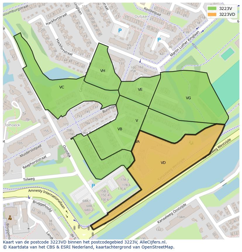 Afbeelding van het postcodegebied 3223 VD op de kaart.
