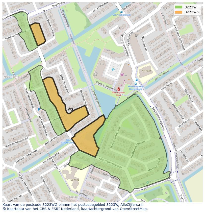 Afbeelding van het postcodegebied 3223 WG op de kaart.
