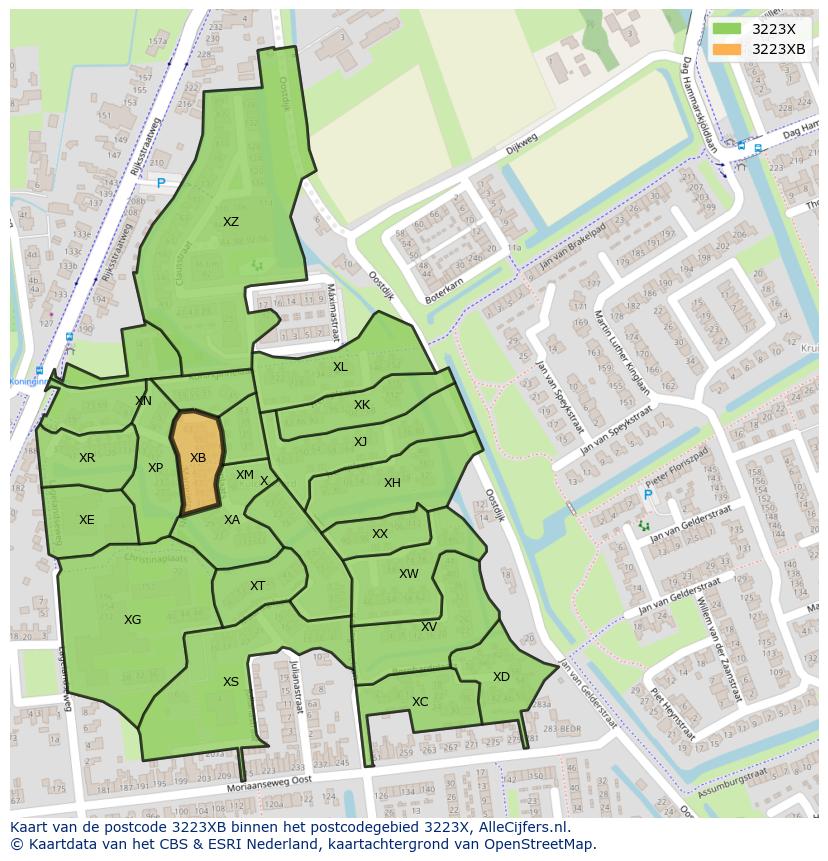 Afbeelding van het postcodegebied 3223 XB op de kaart.