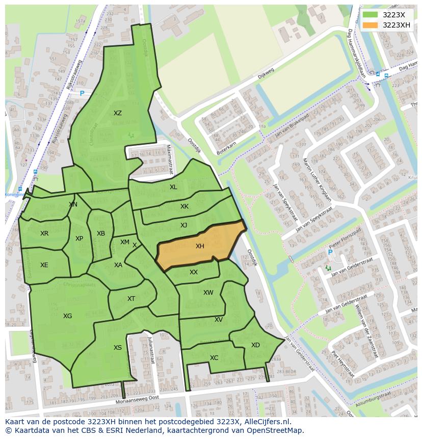 Afbeelding van het postcodegebied 3223 XH op de kaart.