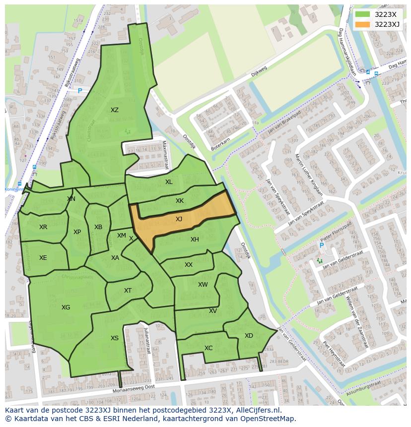 Afbeelding van het postcodegebied 3223 XJ op de kaart.