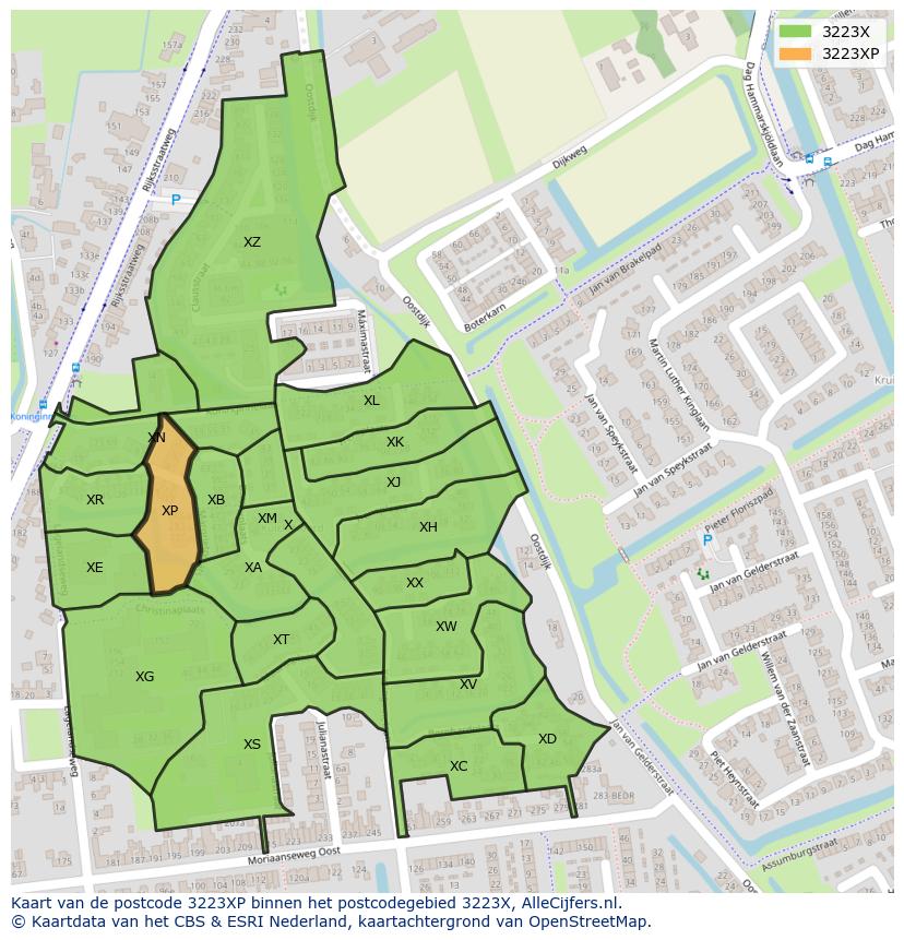 Afbeelding van het postcodegebied 3223 XP op de kaart.