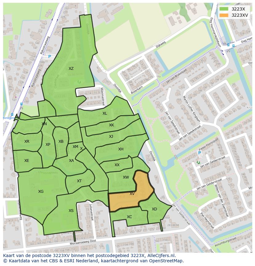 Afbeelding van het postcodegebied 3223 XV op de kaart.
